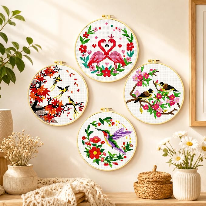 Zhenqing 4 Bird Circle Cross Stitch Kit 11CT Pre-Printed Floral Bird Embroidery - Image 9
