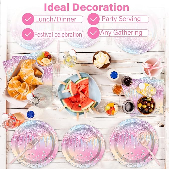 100PCS Iridescent Diamond Birthday Party Plates Napkins Forks Supplies Set - Image 7