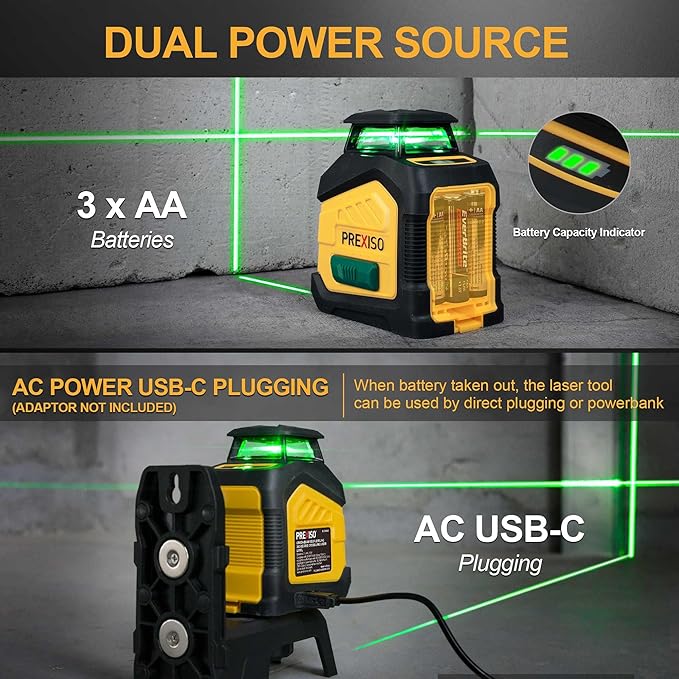 PREXISO 360° Laser Level Self Leveling, 100Ft Dual Power Cross Line Laser - Wide Angle Vertical Line for Construction, Floor Tile, Renovation with Magnetic Base, Wall Panel Stand, Carry Bag
