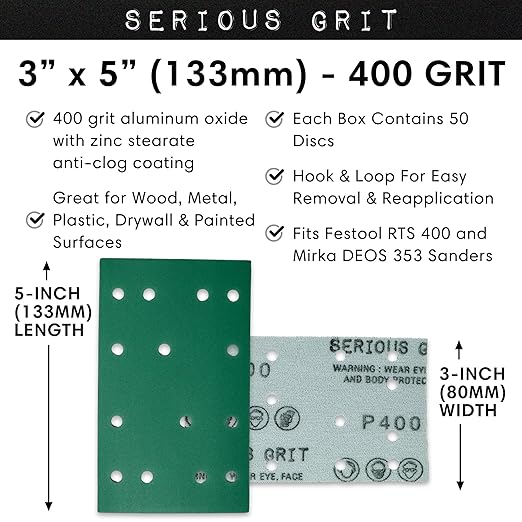 3" x 5" (80mm x 133mm) 14-Hole 400 Grit Sanding Sheets - Fits Festool RTS 400 & Mirka Deos 353 - Heavy-Duty Hook & Loop Film Abrasives - Sandpaper for Sheet Sanders - 50 Pack Box