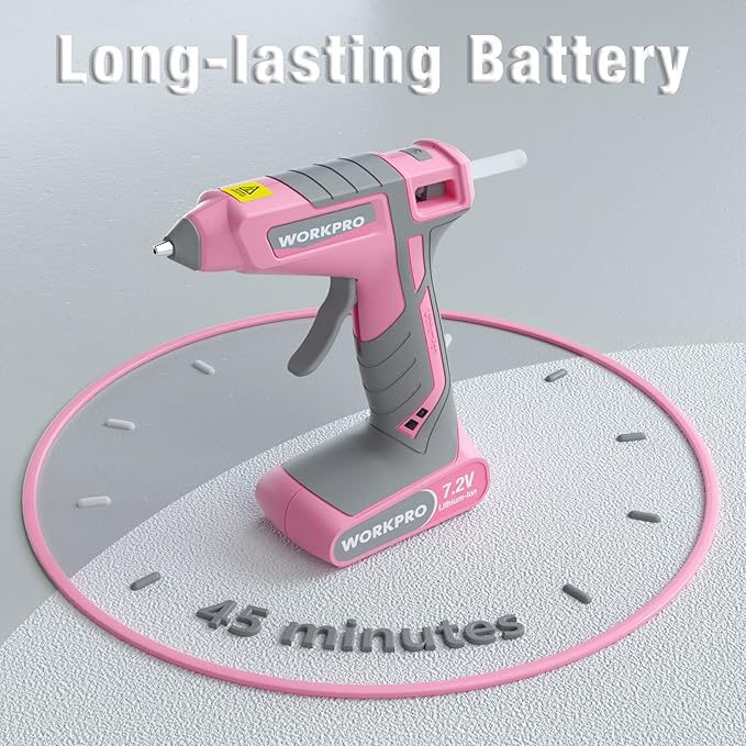 WORKPRO Pink Cordless Hot Melt Glue Gun, 7.2V Rechargeable Fast Preheating Glue Gun Kit with 20 Pc Premium Mini Glue Stick, Automatic-Power-Off Hot Glue Gun for Art, Craft, Decoration - Pink Ribbon