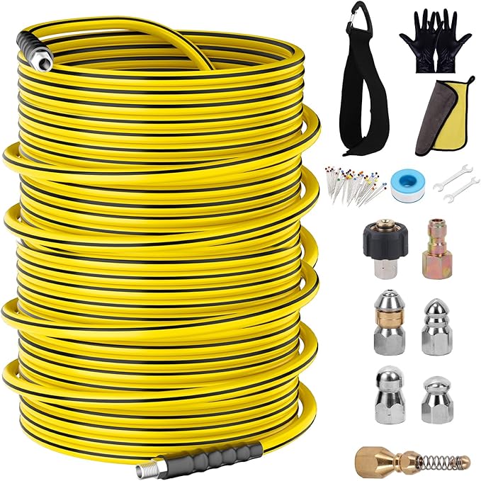 Sewer Jetter Kit for Pressure Washer,Water Jet Drain Cleaning Hose with Corner Rotating Button Spring Nose 1/4" NPT Sewer Cleaning Tool High-Pressure Nozzles,5800 PSI 150 FT