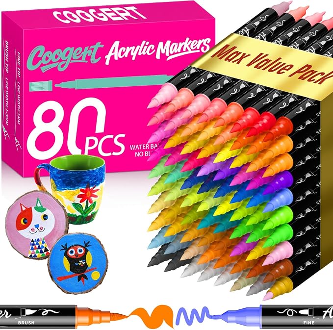 Coogert 80 Acrylic Paint Markers Set: Ultra-Opaque, Fine & Brush Dual Tip Paint by CoogertPaintPens