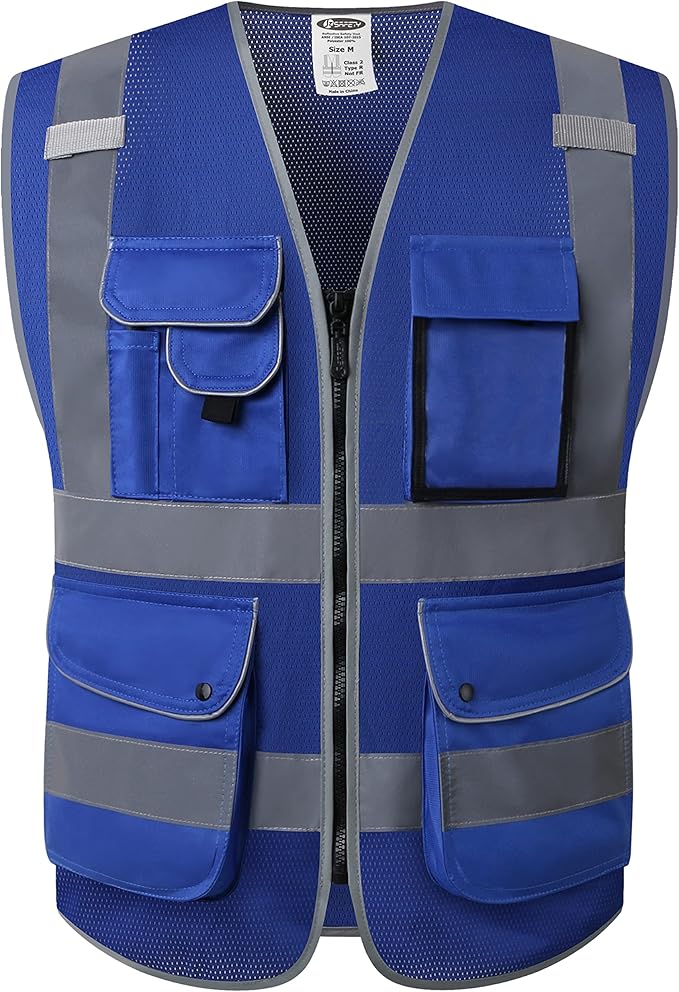 JKSafety 9 Pockets High Visibility Safety Vest for Men and Women, Hi-Vis Reflective Blue Safety Vests with Zipper Front, Meet ANSI/ISEA Standards (159-Blue 3XL)