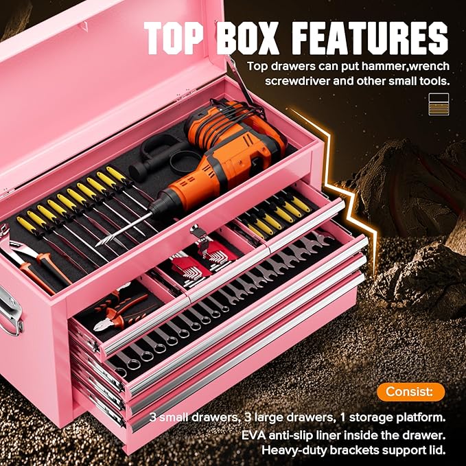 Crownland 8-Drawer Rolling Tool Chest with Wheels, Lockable 2 in 1 Detachable Tool Cabinet wit Drawers and Black Liners, Garage Top Toolbox & Bottom Storage Cart with Side Hooks(Pink)