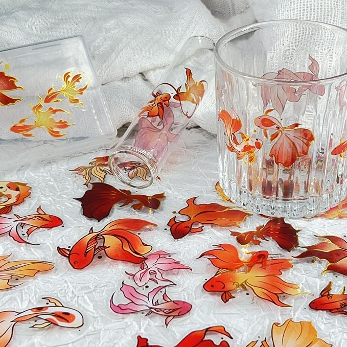 50PCS Gold Stamp Stickers Goldfish Aesthetic PET Travel Journal Decal - Image 5