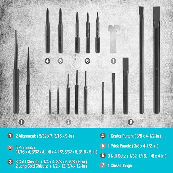 DURATECH 18 Piece Punch/Chisel/Alignment Tool Set, Including Pin Punch, Center Punch, Nail punch, Alignment Tool, Cold Chisel, Chisel Gauge, for Removing Repair Tool, with Rolling Pouch