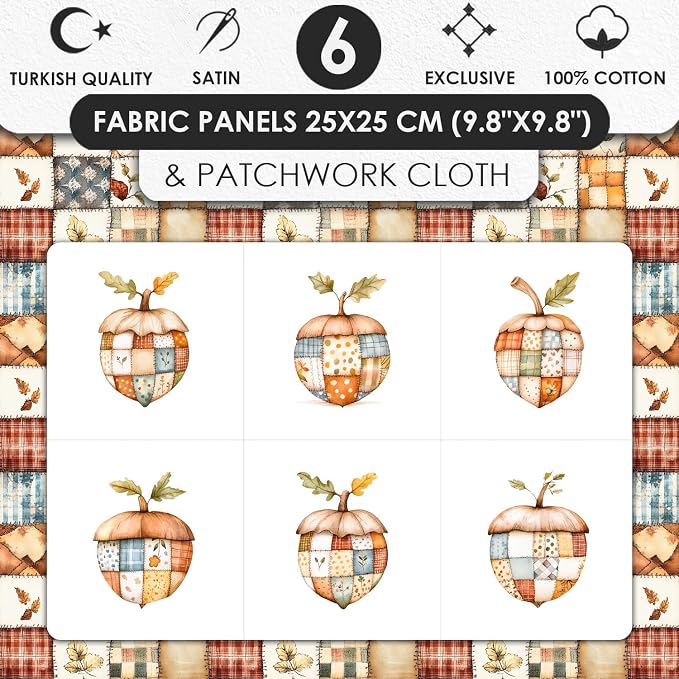 Patchwork Acorn Autumn Cotton Fabric Panel – 6 Designs + Bonus Sheet 29.5×19.6 - Image 3