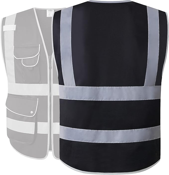 JKSafety 9 Pockets High Visibility Black Safety Vest for Men and Women, Hi-Vis Reflective Safety Vests with Zipper Front, Meet ANSI/ISEA Class 1 Standards (150-Black, Medium)
