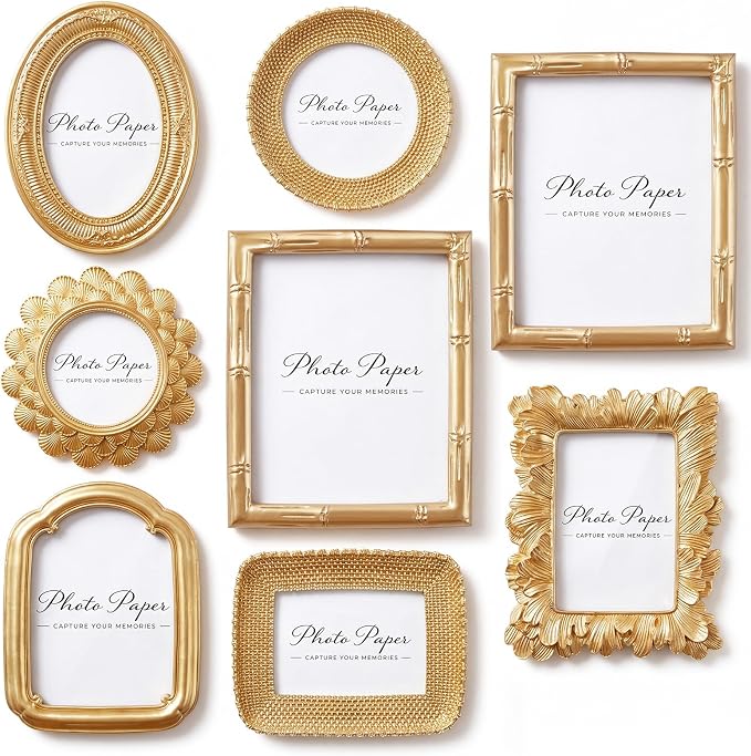 8 Pcs Gold Picture Frames Set for Gallery Wall, 5x7 & 4x6, Modern Ornate by Lineshading