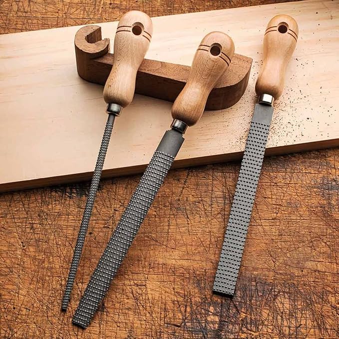 Kings County Tools Set of Three 8" Woodworking Rasps | Flat, Round, & Half Round | High Quality Steel Material | Durable and Long-Lasting | 4" Beech Wood Handle