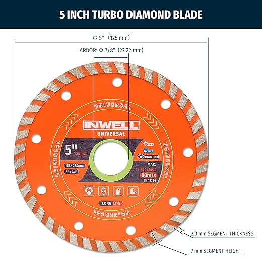 5 Inch Diamond Turbo Saw Blades - Ideal for Cutting Stone, Marble, Granite, Concrete, Bricks (2-Pack)