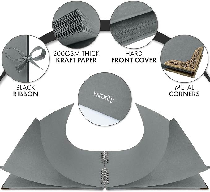 Bstorify Square Scrapbook Photo Albums 50 Pages Grey Thick Paper, Ribbon Closure - Image 4