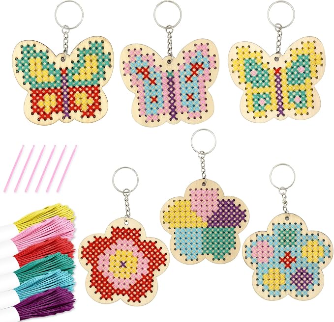 VKPI Wooden Cross Stitch Kits for Kids, Make Your Own 6 Cross Stitching Keyrings by VKPI