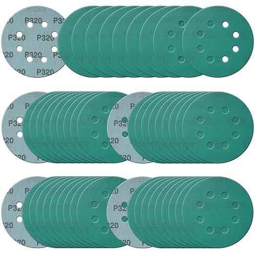 5 Inch 8 Hole Sanding Discs, 50 Pcs Wer Dry Sandpaper 320 Grit Hook and Loop Green Polyester Film Backed Sanding Disc for Random Orbital Sander Wood Car Metal Plastic (320 Grit, 50 Pack)