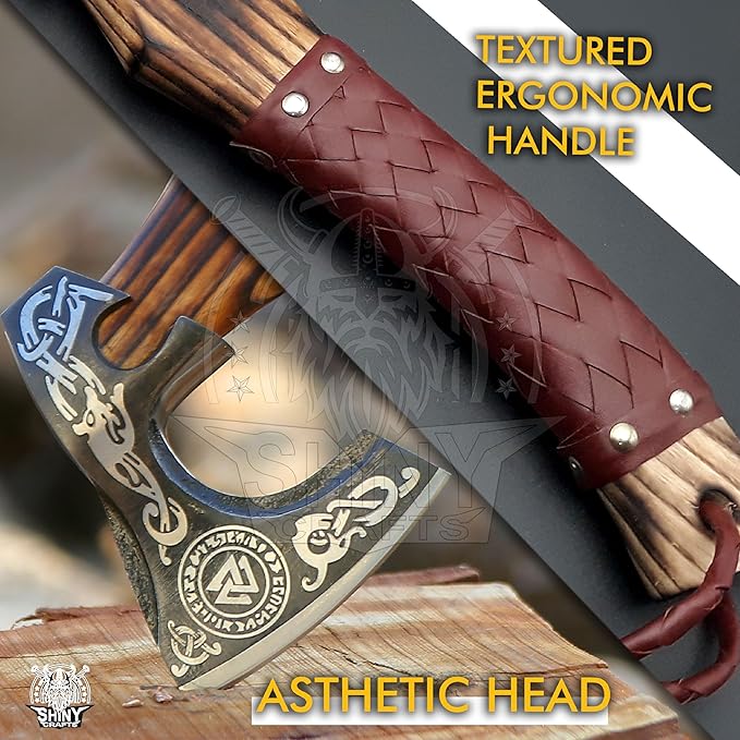 SHINY CRAFTS Viking Axe Mens Axes Hatchet with Leather Sheath - Real Tomahawk for him Valknut Axe Gift for Men Camping Hatchet with Premium Leather Sheath (SCA 07)