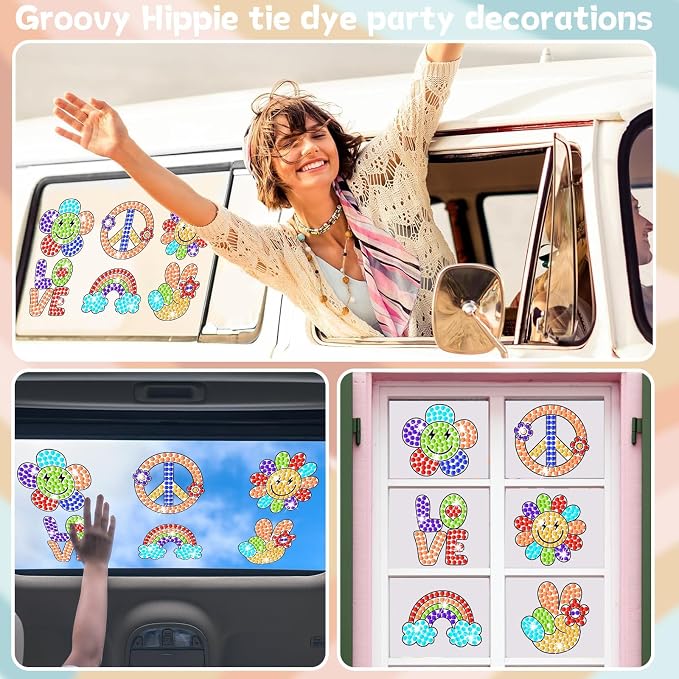 Qyeahkj 6 Pcs Groovy Arts and Crafts, Retro Art Crafts Boho Hippie Suncatcher - Image 5
