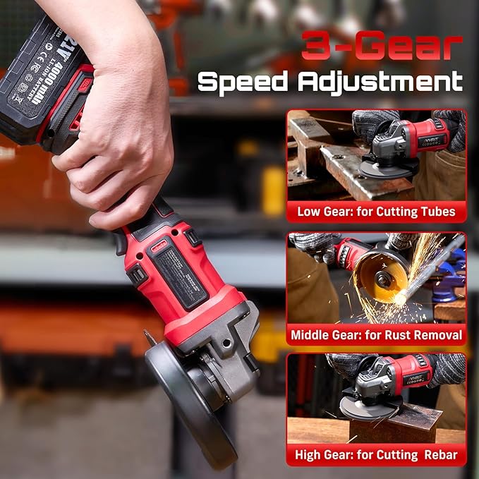 Angle Grinder Cordless 21V: Battery Grinder with 2x 4000mAh, Brushless Motor, Adjustable 3-speed with LED for Cutting Grinding