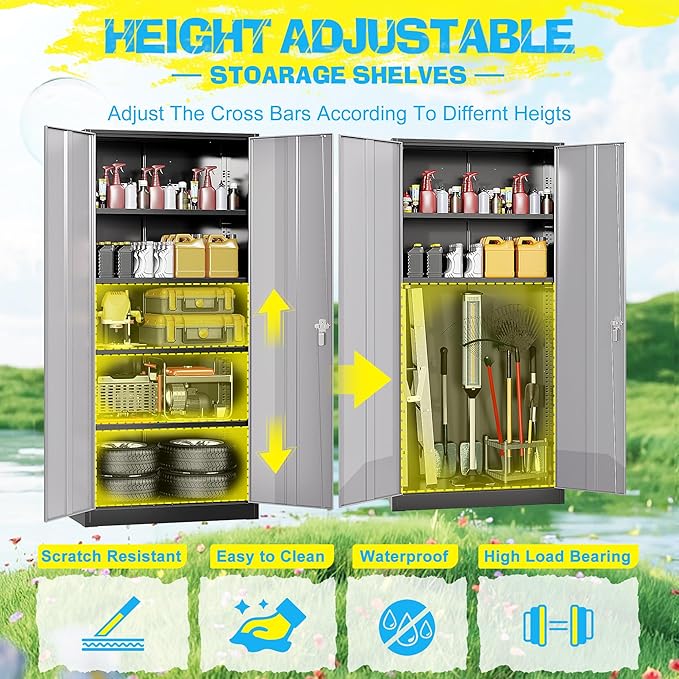 Pataku Metal Storage Cabinet, 71" Garage Cabinet with Doors and Shelves Lockable Steel Multifunctional Cabinets, File Cabinets for Home, Office, Warehouse(Black Grey)