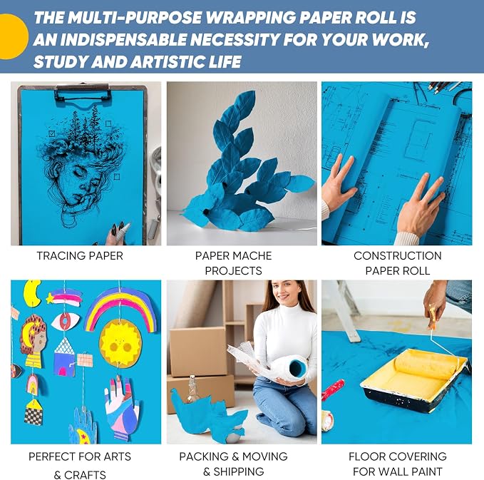 Lake Blue Wrapping Paper 15"x450", Solid Color Blue Kraft Paper Roll - Image 4