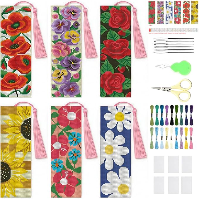 NEGEKFKX 6 Pcs Flower Cross Stitch Bookmark Kit by NEGEKFKX