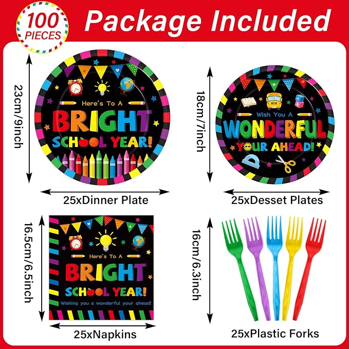 100PCS Back To School Decorations School Season Supplies Paper Plates Napkins - Image 2