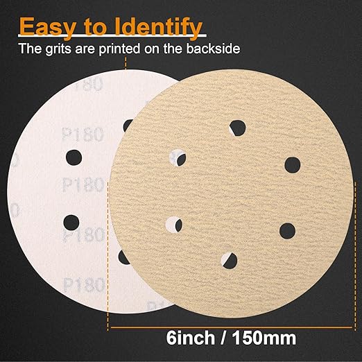 100 PCS 6 Inch Sanding Discs 180 Grit, 6 Hole Hook and Loop Round Sandpaper for Random Orbital Sander