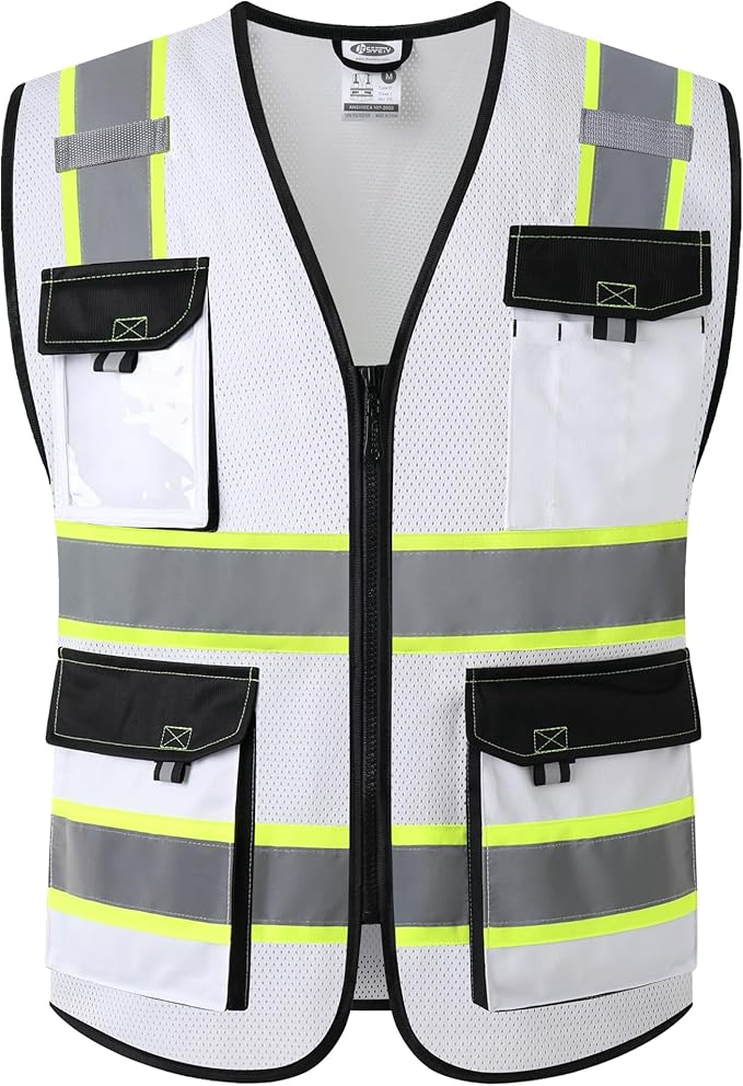 JKSafety Hi Vis Reflective Safety Vests for Men Women High Visibility Vest with Pockets Mesh Fabric Construction Safety Apparel Neon Vest for Work (220-White 3XL)