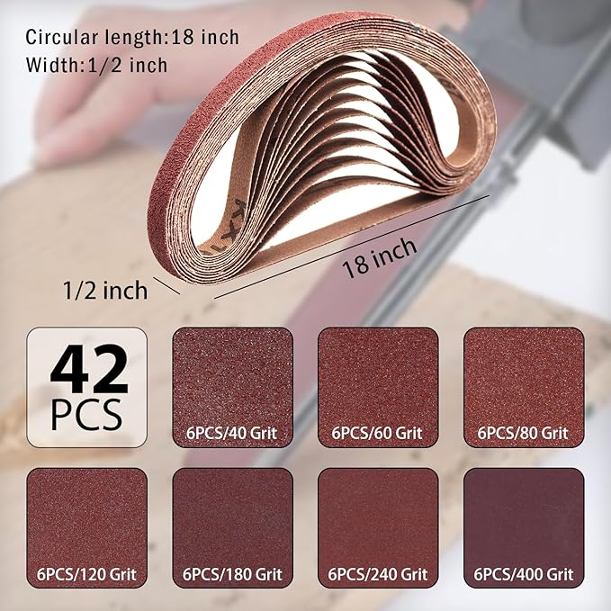 42 Pcs 1/2" x 18" Sanding Belt,1/2 x 18 Inch Sanding Belts Sandpaper for Air File Belt Sander,6 Each of 40/60/80/120/180/240/400 Grits,Best for Woodworking, Plastics, Fiberglass,1/2x18 Inch