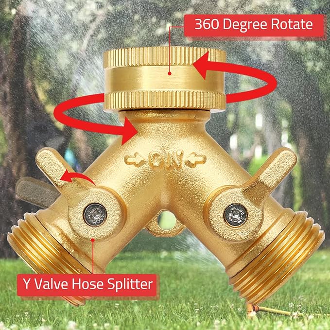 Biaungdo 2 Way Connector Garden Hose Splitter, 3/4 Garden Hose Y Splitter, Solid Brass Hose Adapter Y Valve Spigot Faucet Adapter with Faucet Watering Shut Off Valves