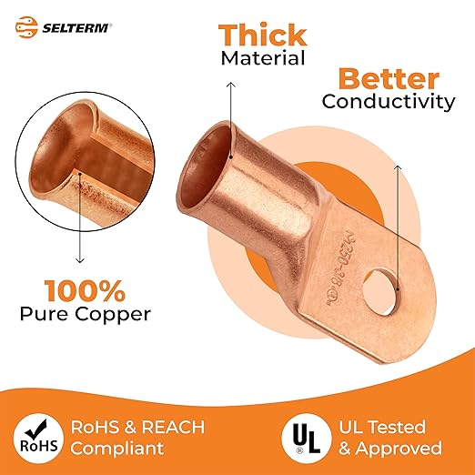 SELTERM 10pcs 250 MCM - 3/8" Stud - Battery Lugs, Heavy Duty Wire Lugs, Ring Terminals, Battery Cable Ends,250 kcmil Terminals, UL Bare Copper Eyelets Electrical Battery Terminal Connectors