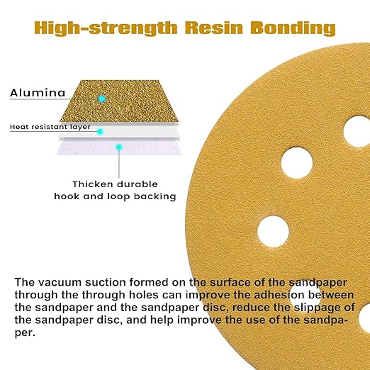 100PCS 5 Inch 8 Hole Sanding Discs 220 Grit,Gold Round Hook and Loop Sandpaper for Random Orbital Sander