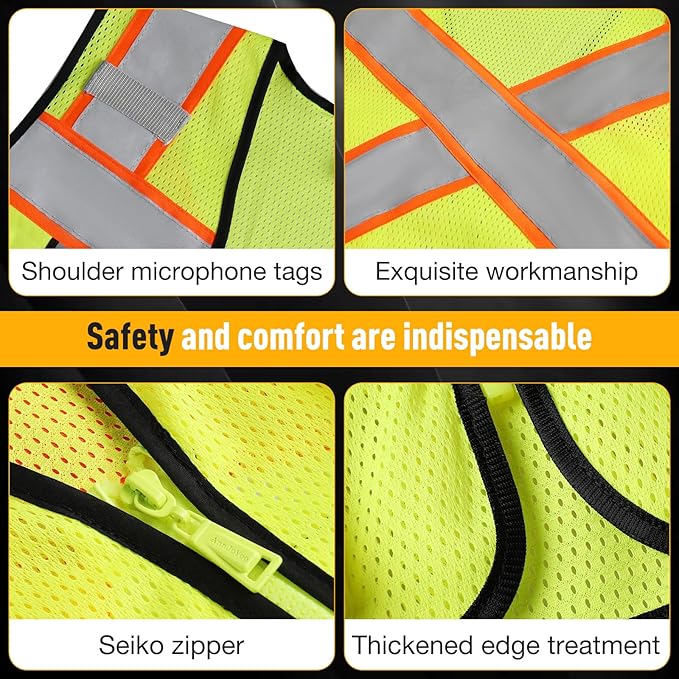 Class 2 Safety Vest with Zipper Front and multiple Pockets, High Visibility Vest, Meets ANSI/ISEA Standards