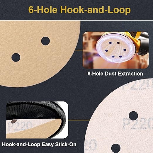 100 PCS 6 Inch 6 Hole Sanding Discs 220 Grit Hook and Loop Adhesive Round Sandpaper for Random Orbital Sander