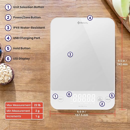 Etekcity 22lb Food Kitchen Scale, USB Rechargeable, IPX6 Waterproof | Digital - Image 7