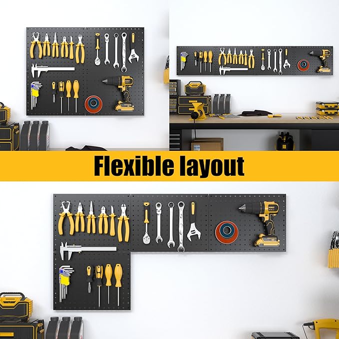 Peg Board, 4 Pack Metal Pegboard Panels Black Pegboards Wall Organizer with Bent Frame Heavy Duty Peg Board for Walls Home, Garage Tool Storage, Office Organization, Craft Room, Kitchen