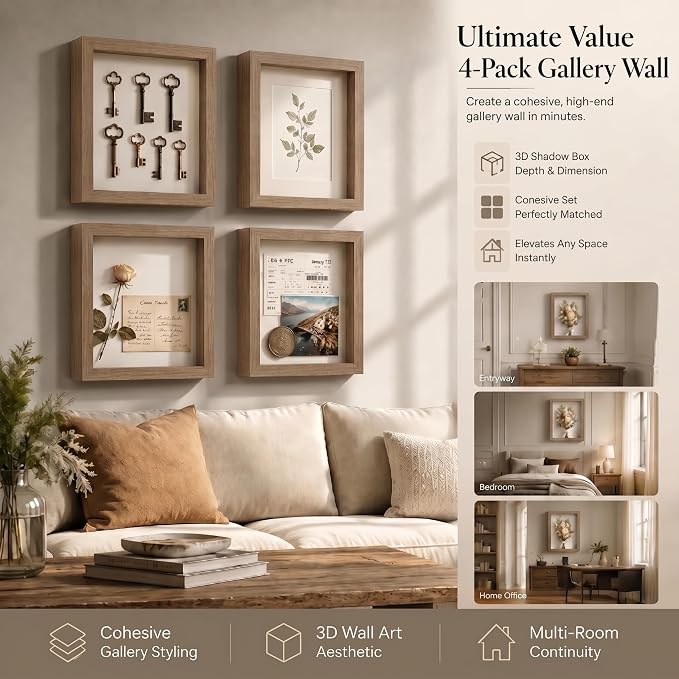 4 Pack 8x10Shadow Box Frame Set, Deep Wood Display Case - Image 6
