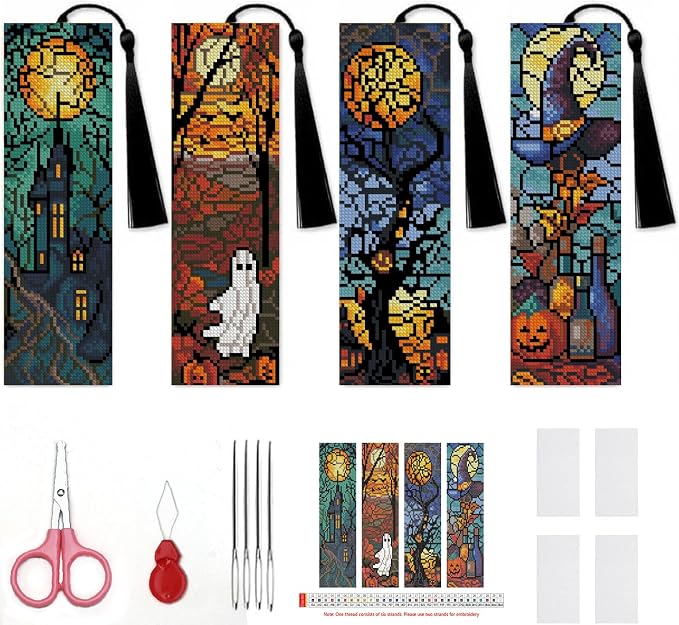 4PC Halloween Counted Cross Stitch Bookmark Kit by Paintcolordiamondpainting