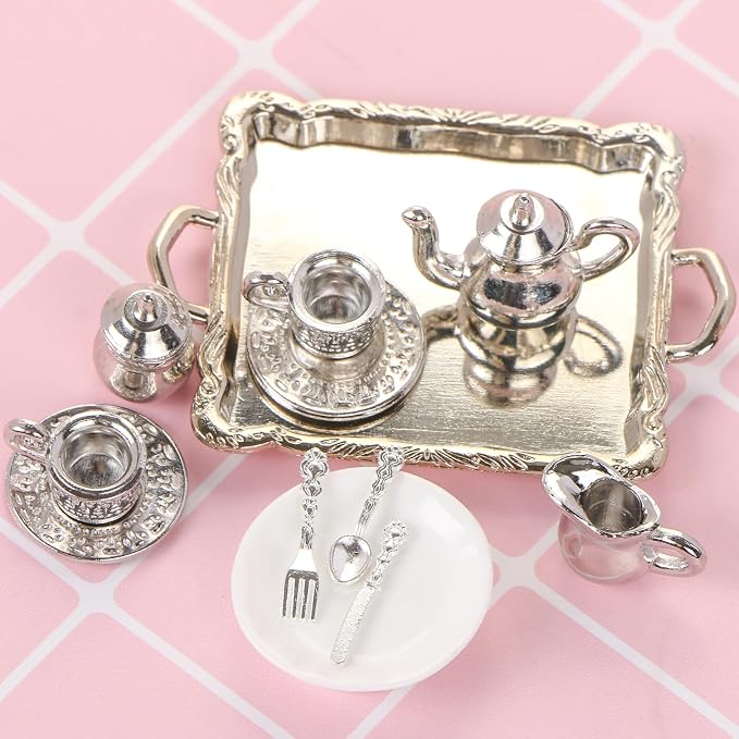 24 Pieces 1:12 Miniature Tea Set Metal Mini Teapot Tiny Tea Cup Mini Doll - Image 4