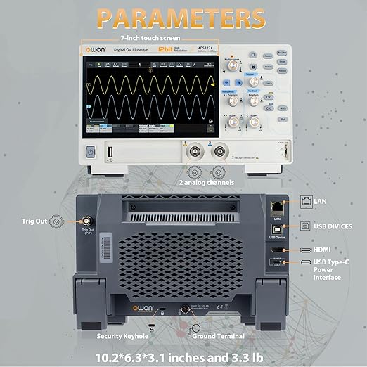 OWON Oscilloscope ADS822A 200MHz Dual Channel Digital Oscilloscope 12 Bits Vertical Resolution 1.25GSa/s Sample Rate with 50M Memory Depth 7 inch LCD Display Lab Oscillograph