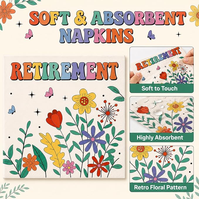 100 Pcs Flower Retirement Party Plates and Napkins Set Happy Retired Birthday - Image 4