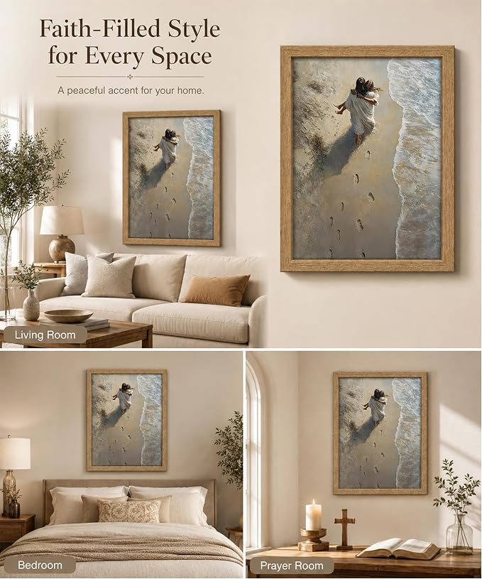 Framed Jesus Holding Woman Canvas Print Footprints in The Sand Wall Art Wood - Image 4