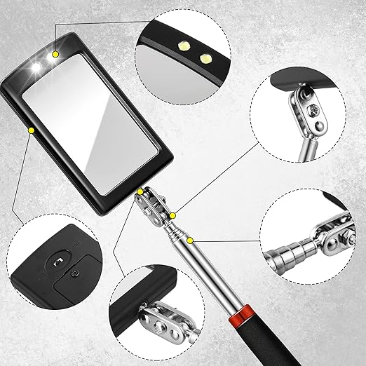 3 Pieces Telescoping Inspection Mirror Inspection Tool for Check the Condition of Vehicle, Observe the Eyelashes, Mouth and Other Small Parts(Rectangle with Light,7.9 x 2.5 x 1.2 Inch)