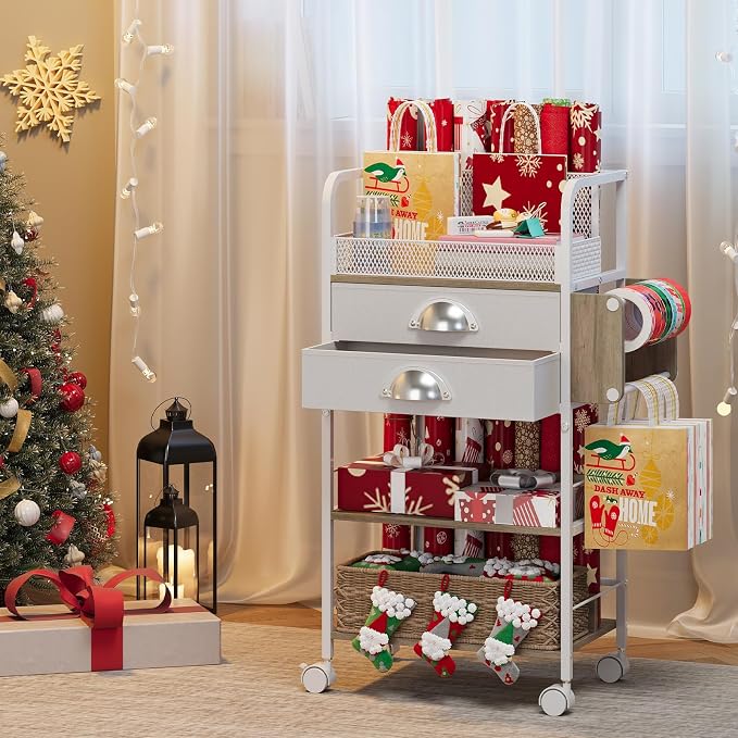 Rolling Wrapping Paper Storage Cart Organizer White | 16.54×11.4×32.68 in - Image 9
