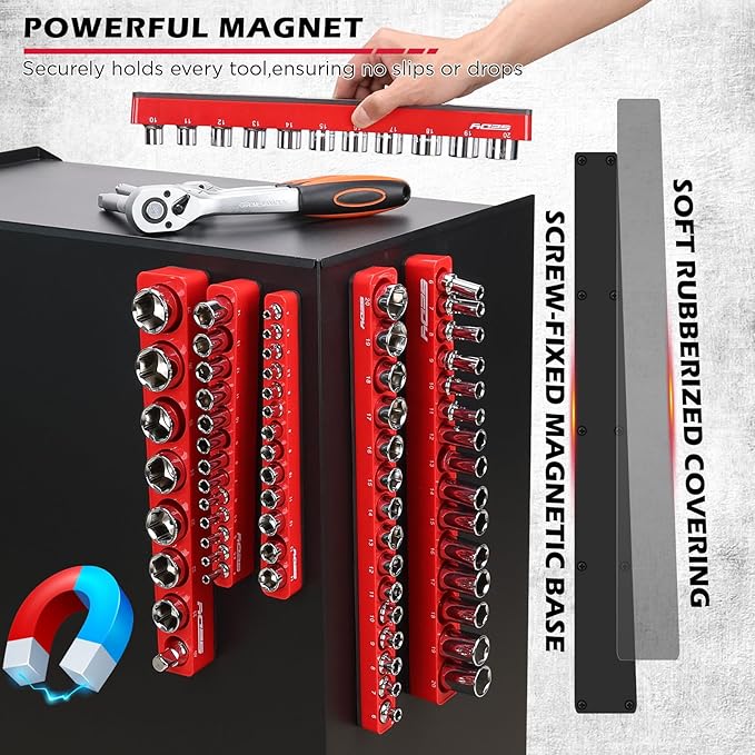 6-Piece 1/4" 3/8" 1/2"-Driver Metric Magnetic Socket Organizer Set (Holds 75 Sockets) - Detachable Tool Tray with 5mm Magnetic Base for Garage/Home(Sockets Not Included)