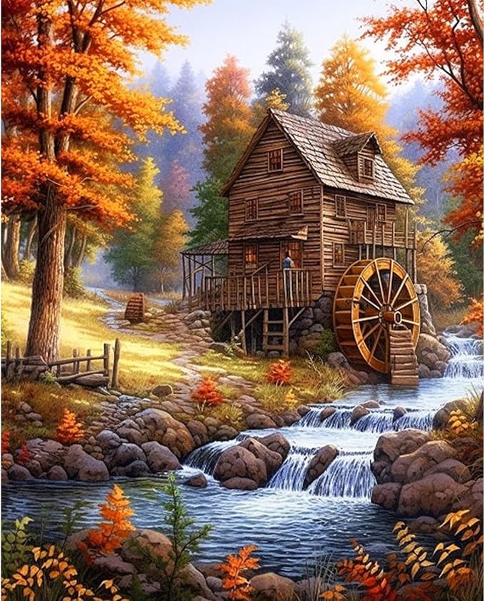 Fountor Paint by Numbers Kit for Adults Beginner, Fall Landscape Adult Paint by by Fountor