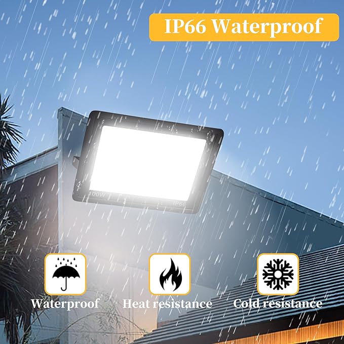 4 Pack 100W LED Flood Lights Outdoor, 10000 LM Super Bright Security Lights, Portable IP66 Waterproof LED Work Light with Plug, 6000K Daylight White Floodlights for Garage Yard Garden Playground Patio