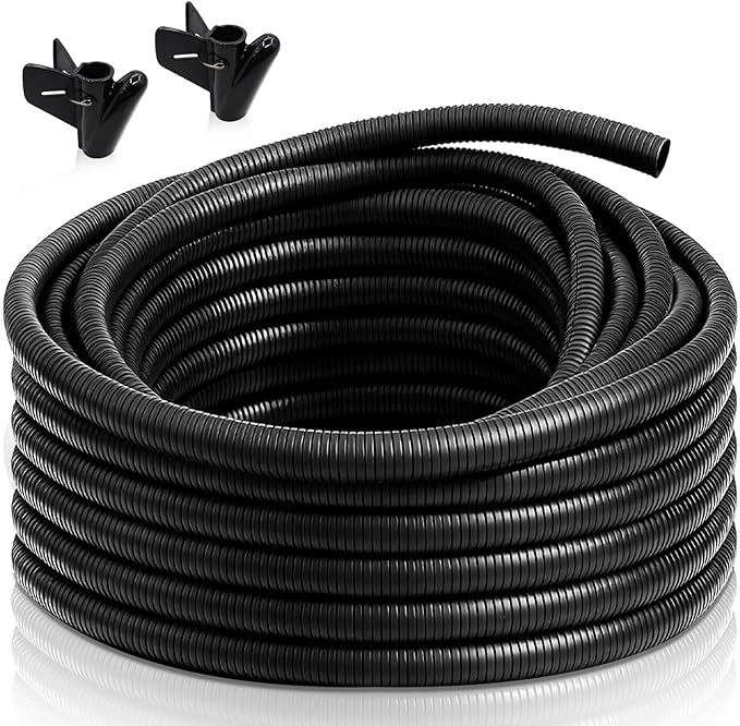 50FT 3/4 inch Split Wire Loom Tubing Kit with 2 Clamps - Flexible Abrasion Resistant Conduit for Automotive, Mechanical Cable Protection