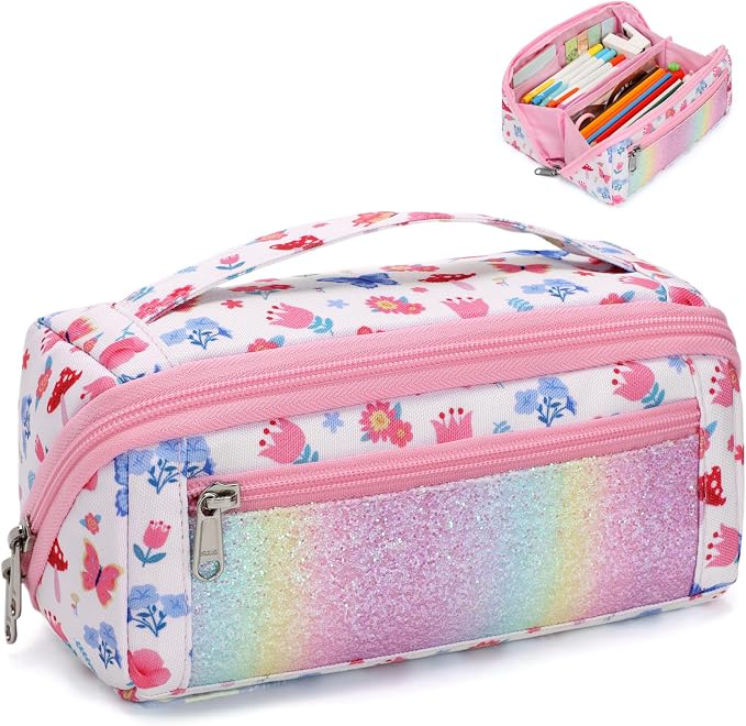 Pencil Case for Girls, Durable Kids Pencil Pouch for School, Wide Opening Soft by BrainyBees