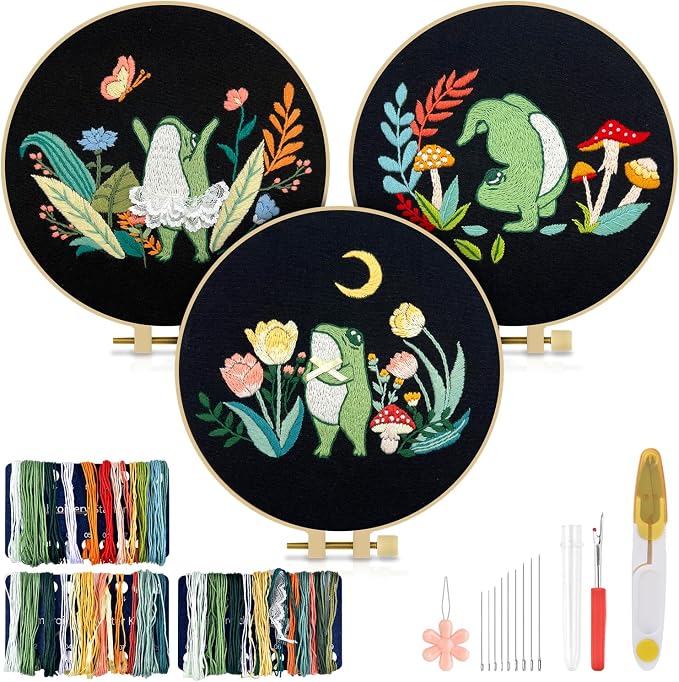 TINDTOP 3 Sets Embroidery Kit for Adults, Frog Embroidery Practice Kit | for by TINDTOP